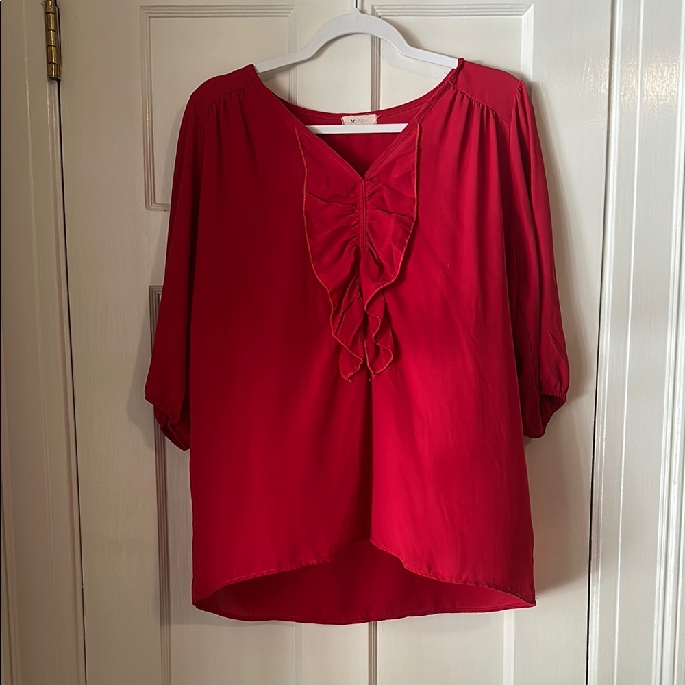 Red 3/4 Length Sleeve Blouse with Ruffle Detail